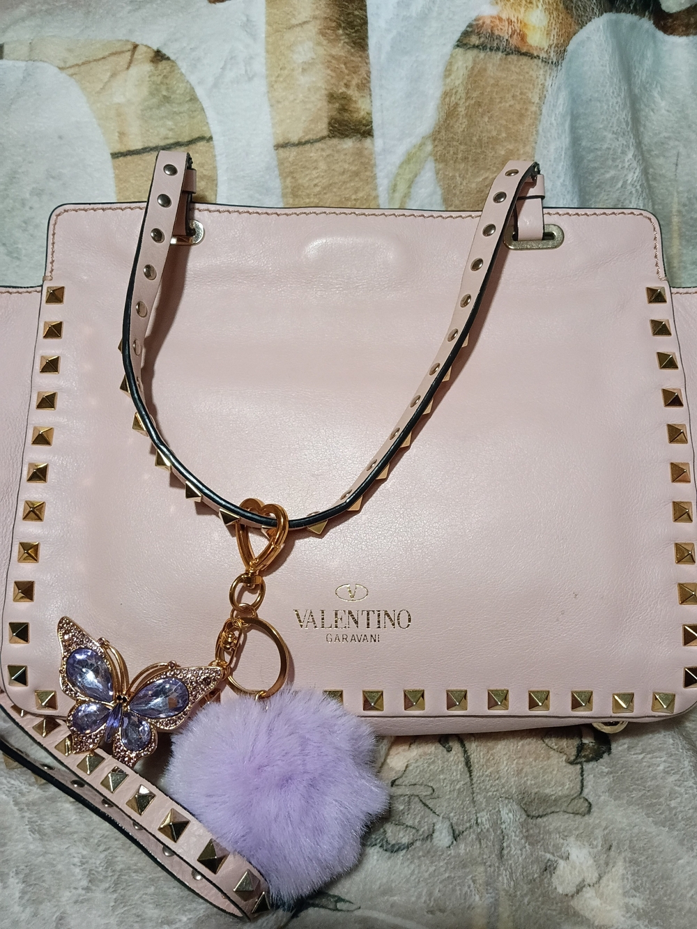 Valentino Garavani Pale Pink Leather Shoulder Bag with Gold Rockstuds